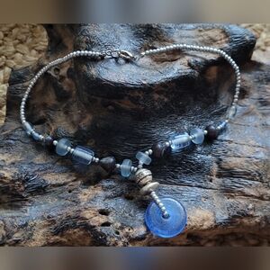 Vintage Earthly Treasures Stacked Stone and Bead Necklace, Blue & Silver